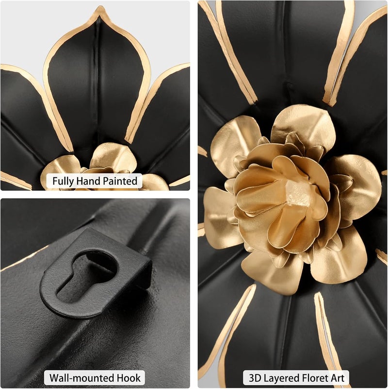 Villa Como 10" Metal Flowers Wall Decor, Black & Gold 3D Floral Metal Wall Art Decor for Inoor & Outdoor Use, Vintage & Modern Walls Arts for Bathroom, Living Room, Bedroom, Office, Garden, Patio, Porch, 1 Piece - Image 2